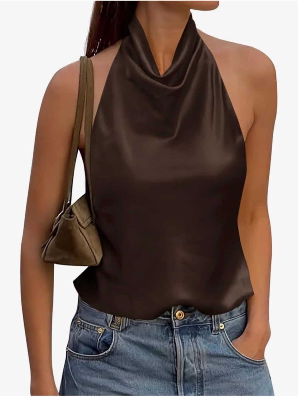 Satin Halter Neck Top in Dark Brown